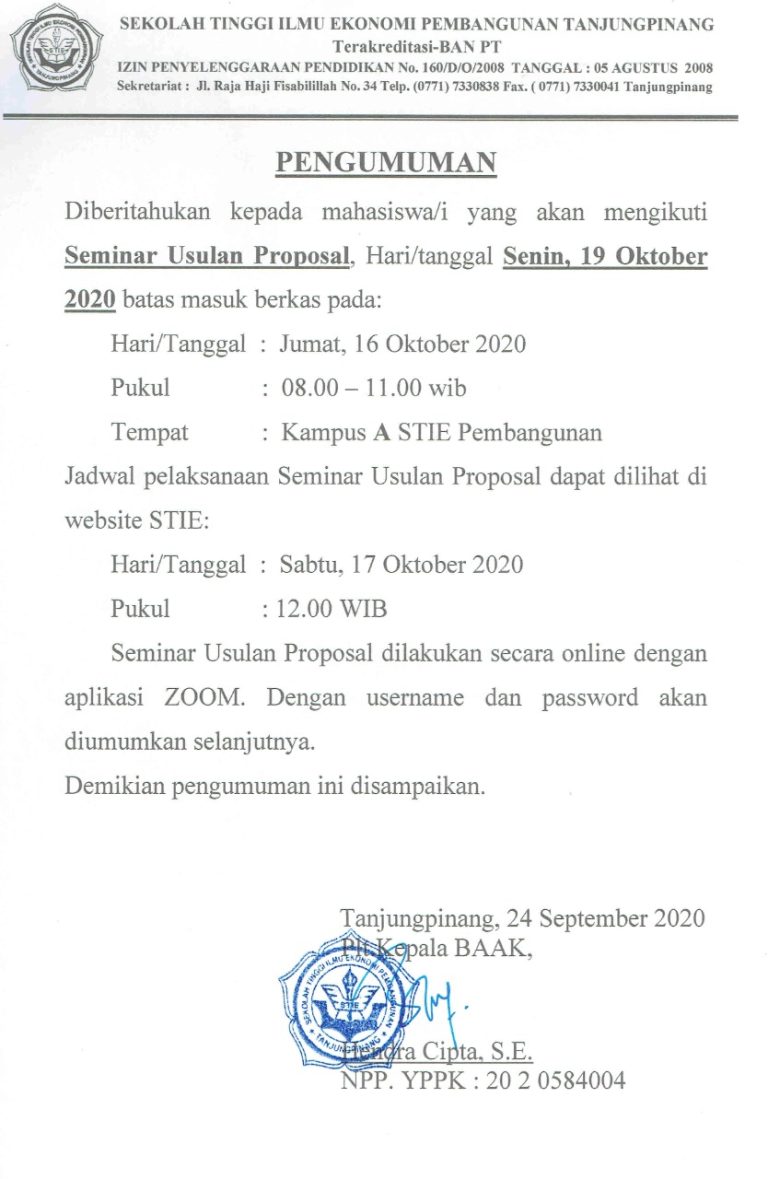 Pengumuman Seminar Usulan Penelitian Tanggal 19 Oktober 2020