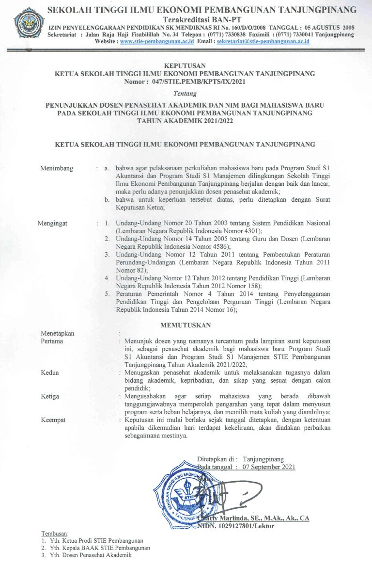 Daftar Nomor Induk Mahasiswa Dan Penasehat Akademik Mahasiswa Baru STIE Pembangunan Tanjungpinang T.A 2021/2022