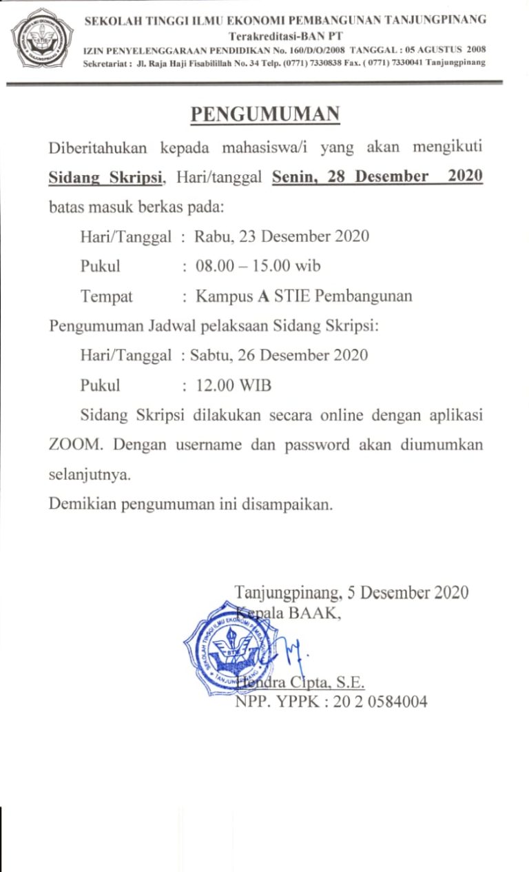 Pengumuman Sidang Skripsi Senin, 23 Desember 2020