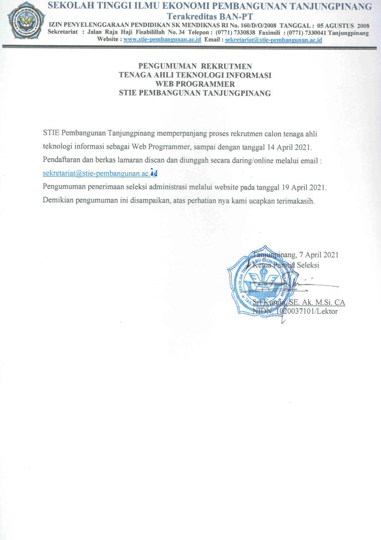 Perpanjangan Open Recruitment Web Programmer STIE Pembangunan