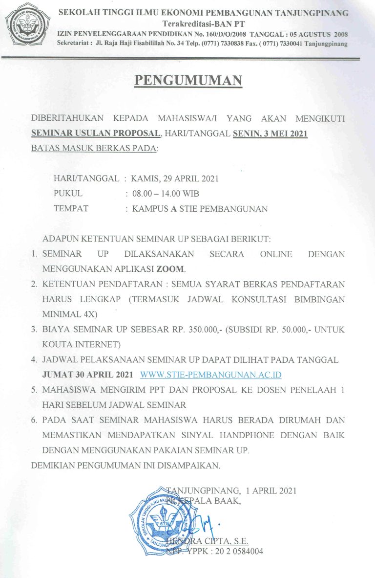 Pengumuman Seminar Usulan Penelitian Proposal Senin, 3 Mei 2021