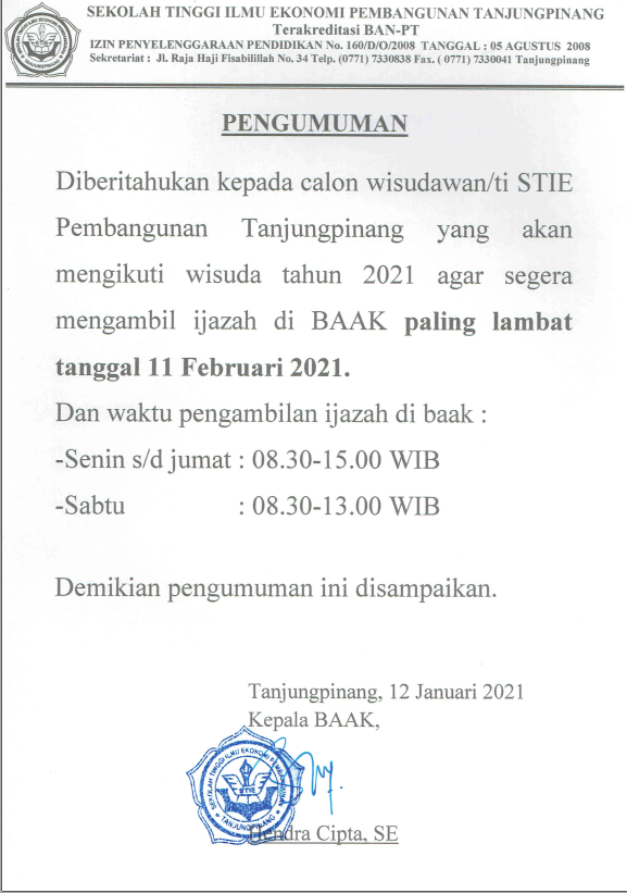 Pengumuman Pengambilan Ijazah STIE Pembangunan